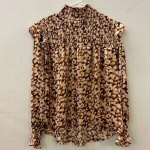 Chiffon Leopard Turtleneck with Long Fluttery Sleeves and Ruching around Neck